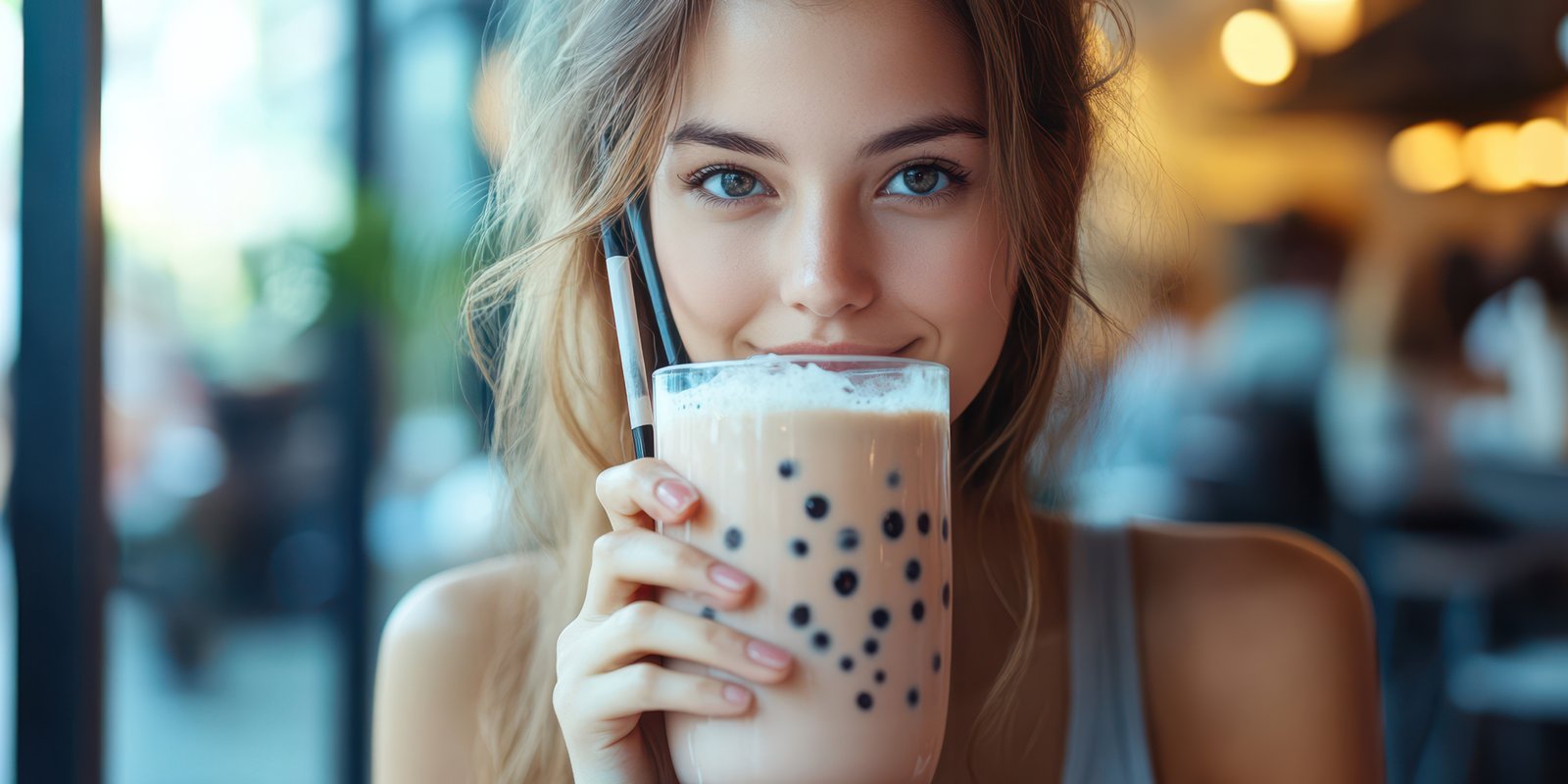 Young woman enjoys a refreshing bubble tea at a trendy cafe during a sunny afternoon